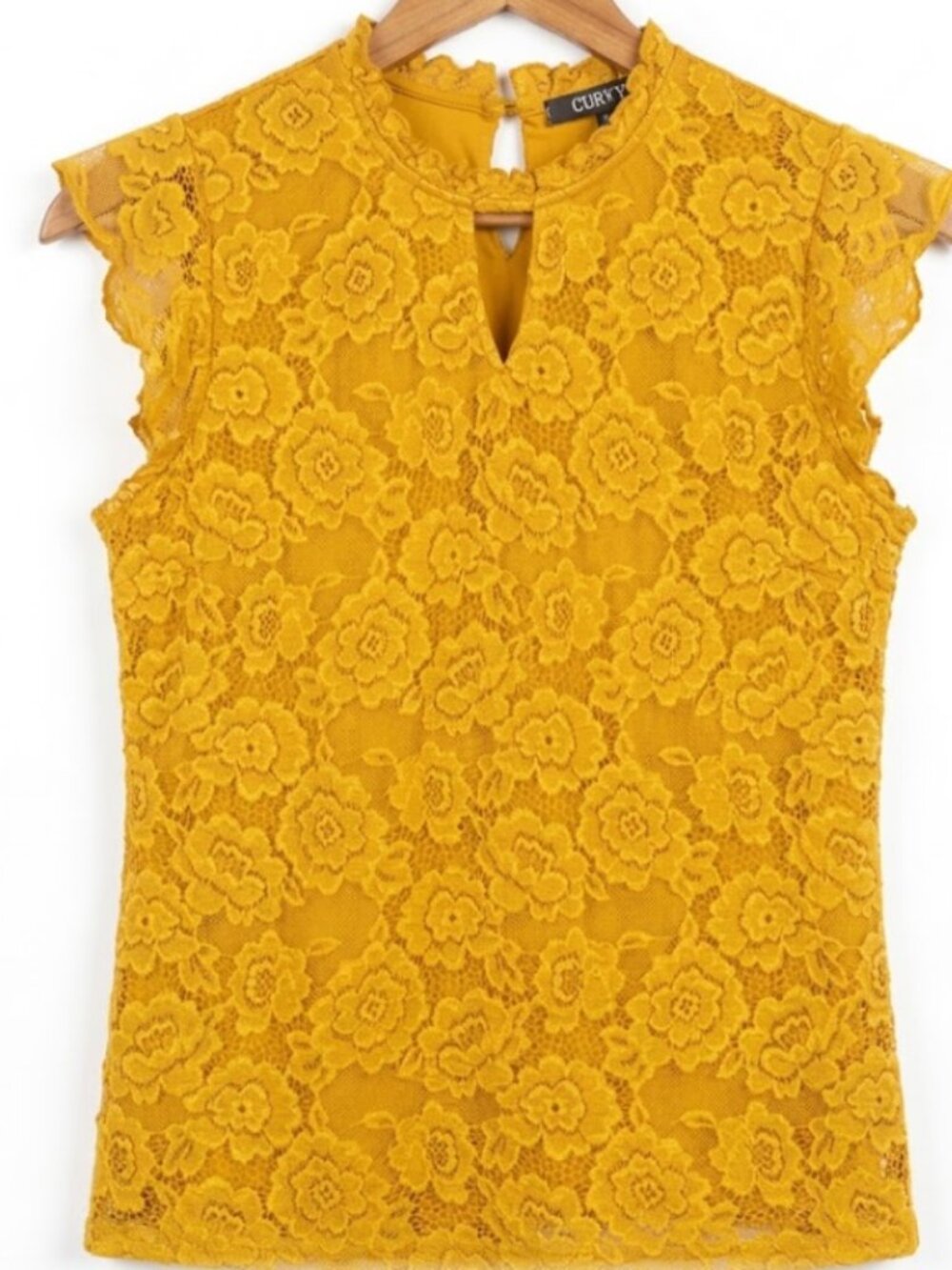 Women's Mustard Lace Boho Flutter Sleeve Fall Y2k Sleeve Top Large